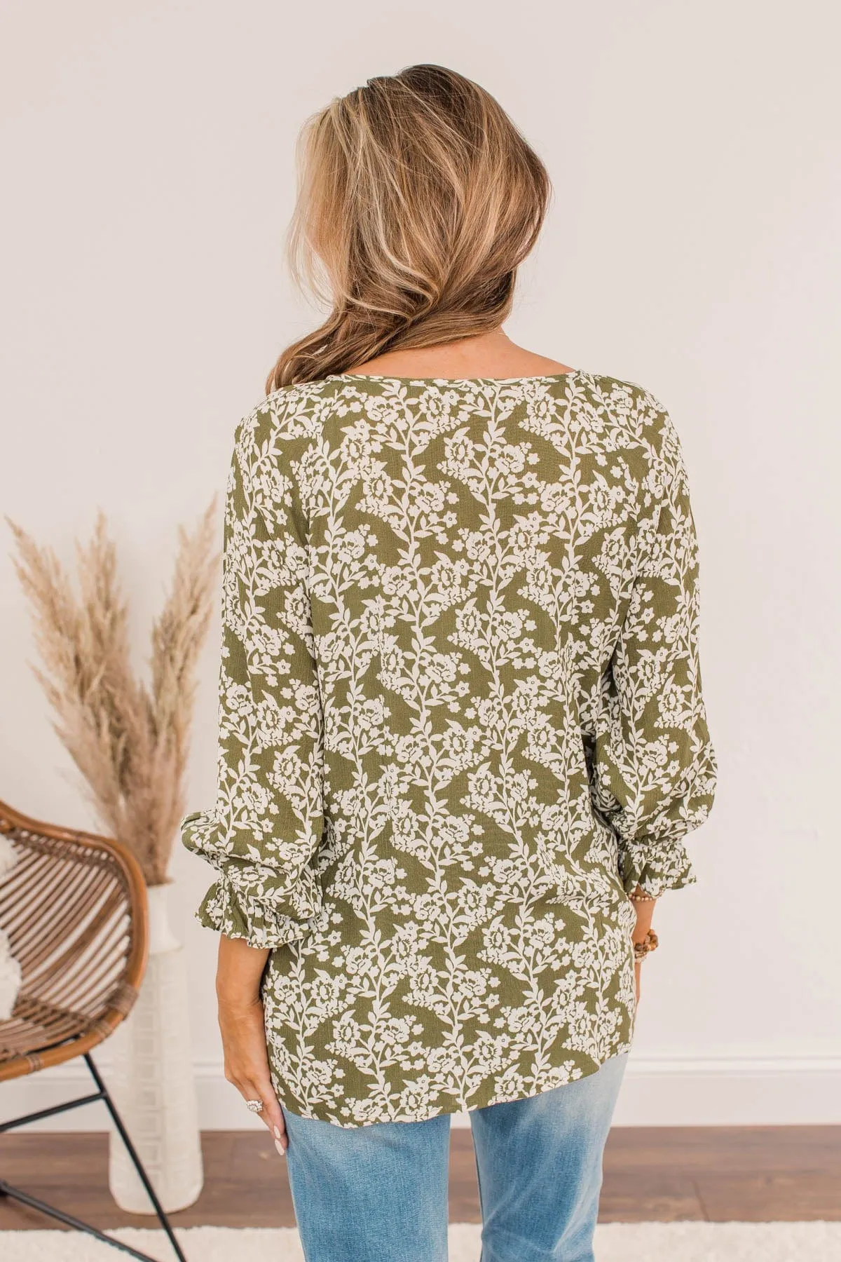 Floral Friends Long Sleeve Top- Olive