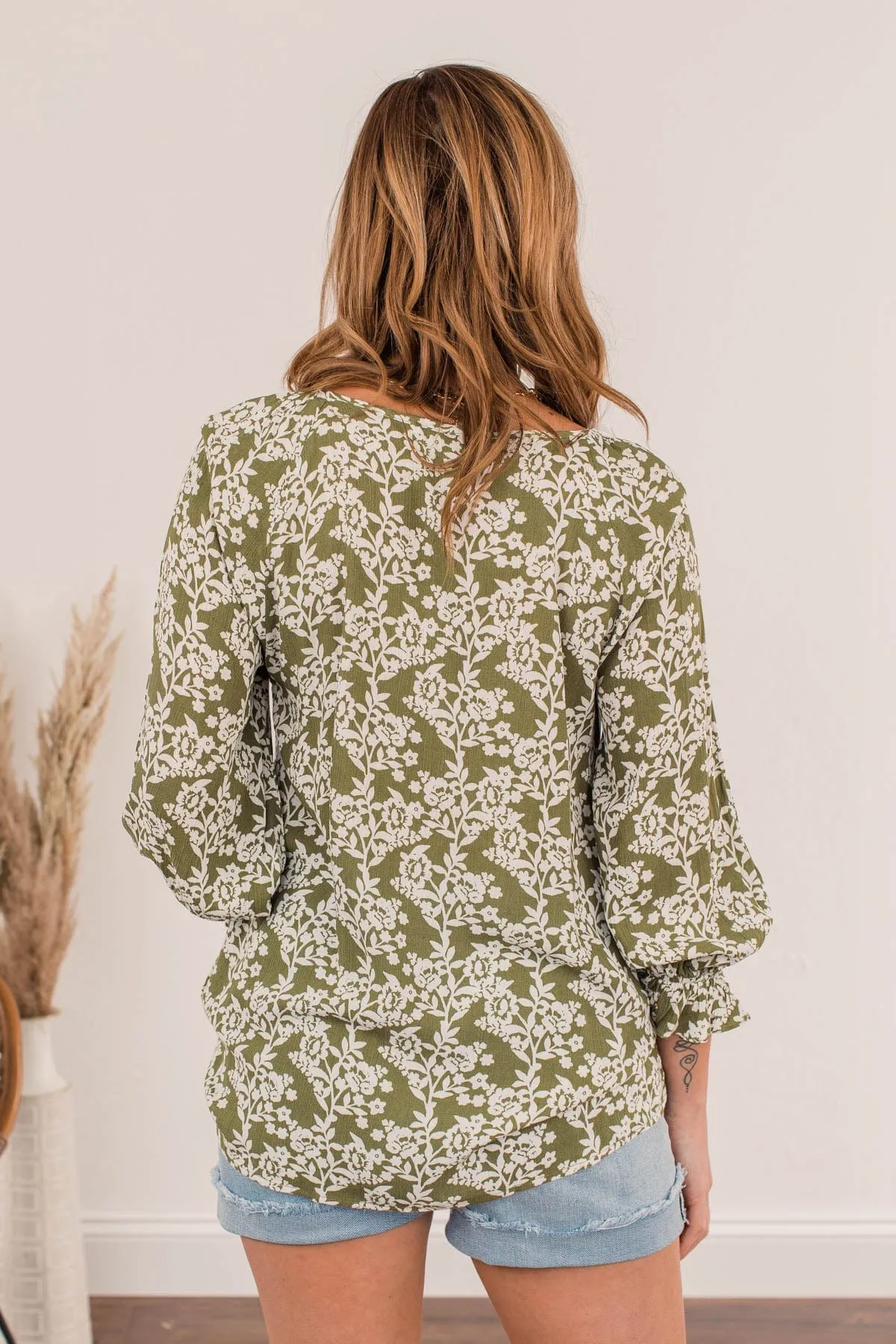 Floral Friends Long Sleeve Top- Olive