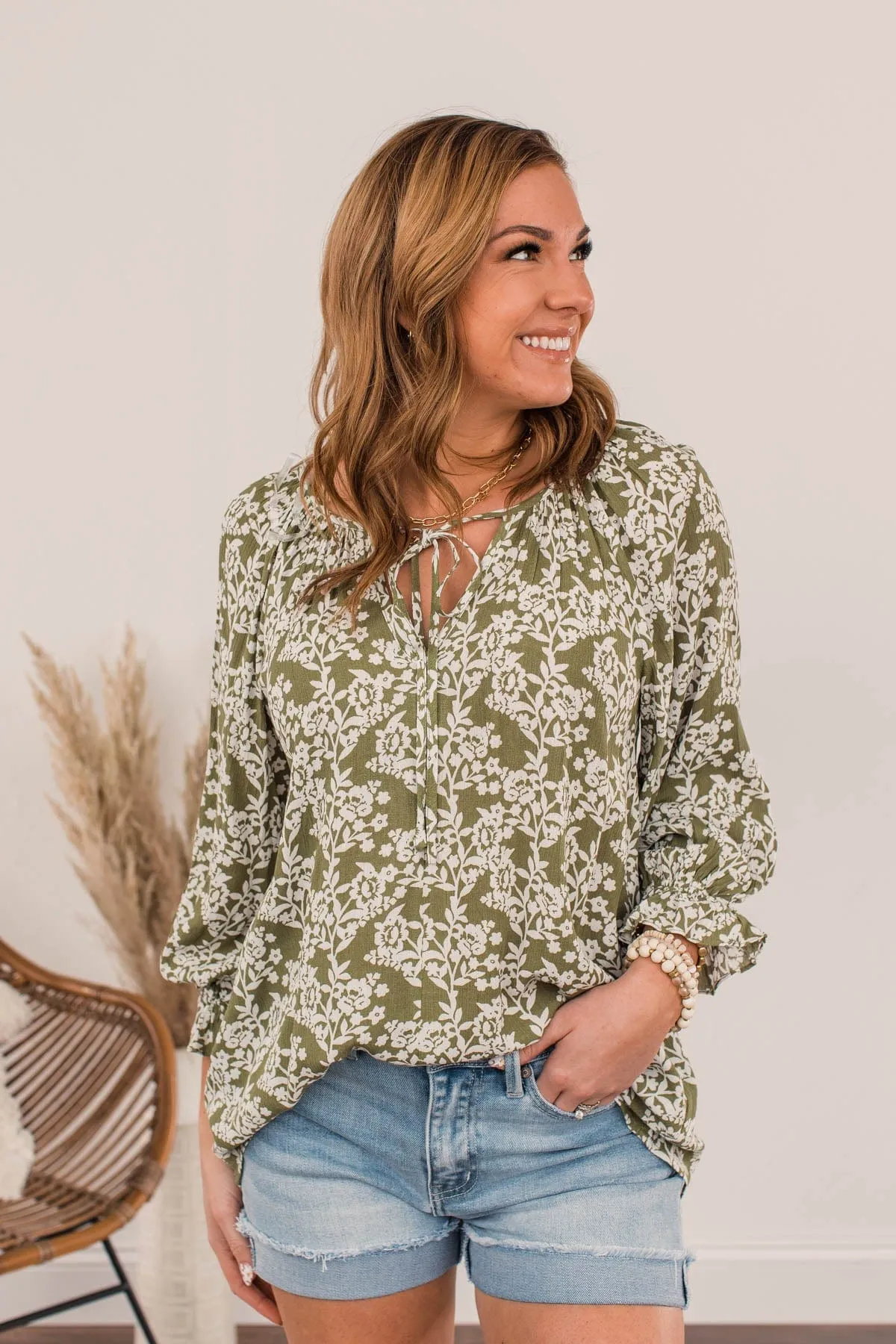 Floral Friends Long Sleeve Top- Olive