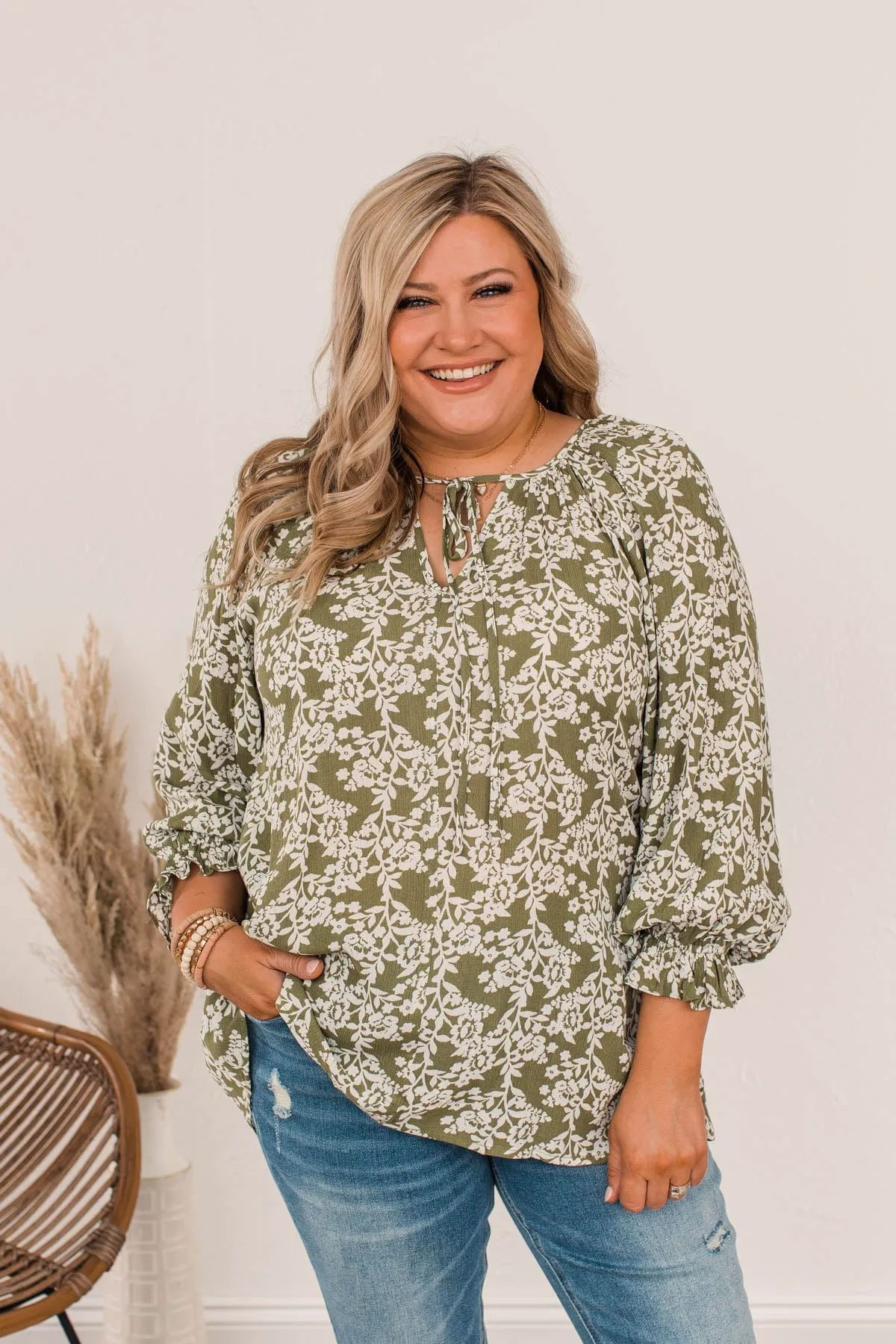 Floral Friends Long Sleeve Top- Olive