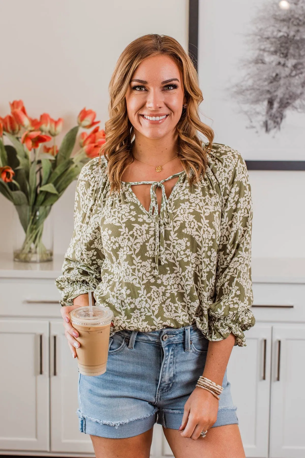 Floral Friends Long Sleeve Top- Olive