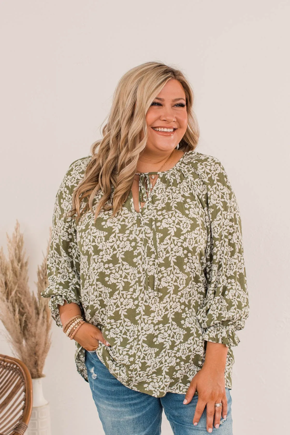 Floral Friends Long Sleeve Top- Olive