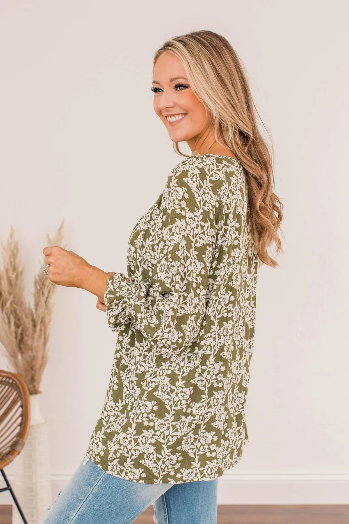 Floral Friends Long Sleeve Top- Olive