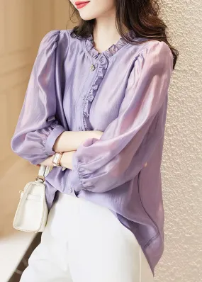 French Purple Ruffled Button Chiffon Shirts Long Sleeve AB1001