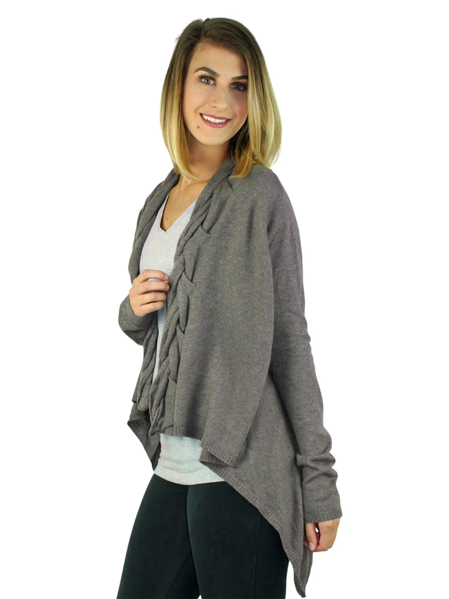 High-Low Sweater Shrug With Twisted Knit Lapel