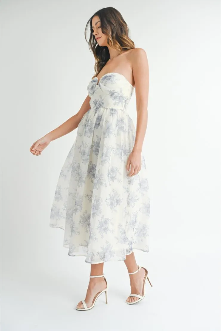 Irene Sweetheart Organza Floral Midi Dress