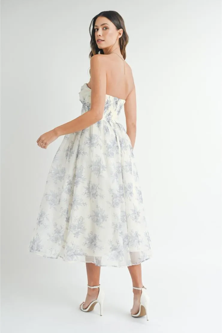 Irene Sweetheart Organza Floral Midi Dress