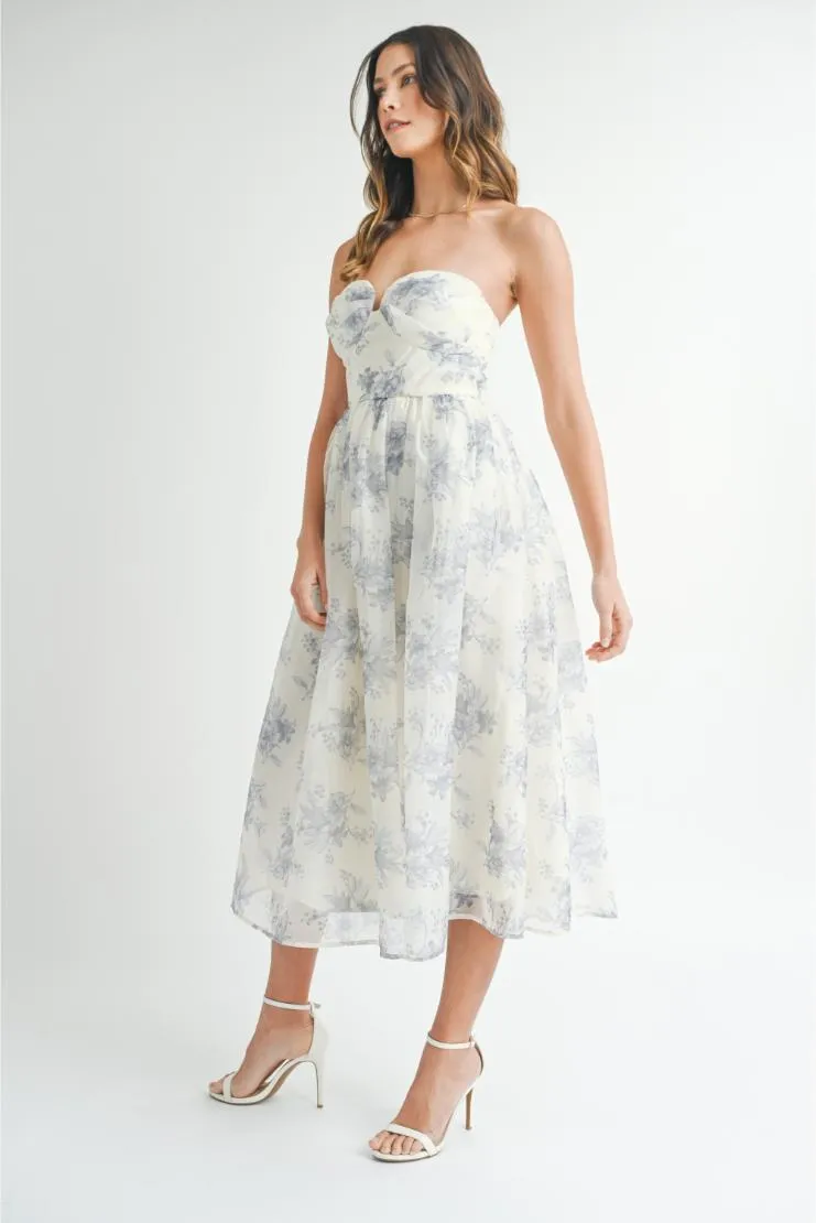 Irene Sweetheart Organza Floral Midi Dress