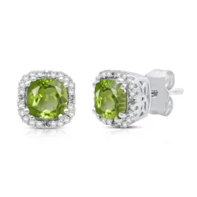 Jewelili 10K White Gold with 1/10 CTTW Round Natural Diamonds and Cushion Cut Peridot Stud Earrings