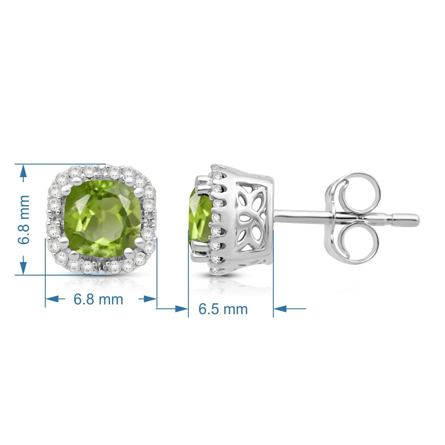 Jewelili 10K White Gold with 1/10 CTTW Round Natural Diamonds and Cushion Cut Peridot Stud Earrings