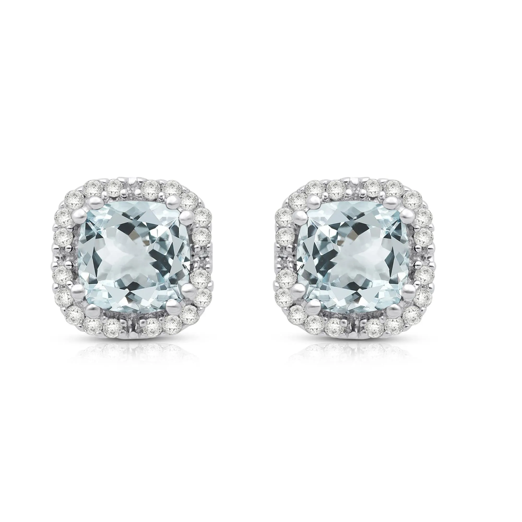 Jewelili 10K White Gold With Aquamarine and 1/10 CTTW Natural White Round Diamonds Stud Earrings