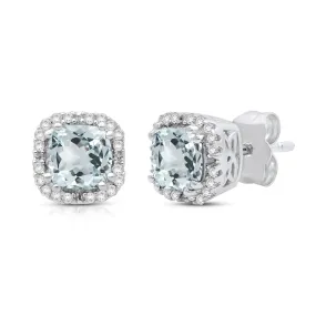 Jewelili 10K White Gold With Aquamarine and 1/10 CTTW Natural White Round Diamonds Stud Earrings