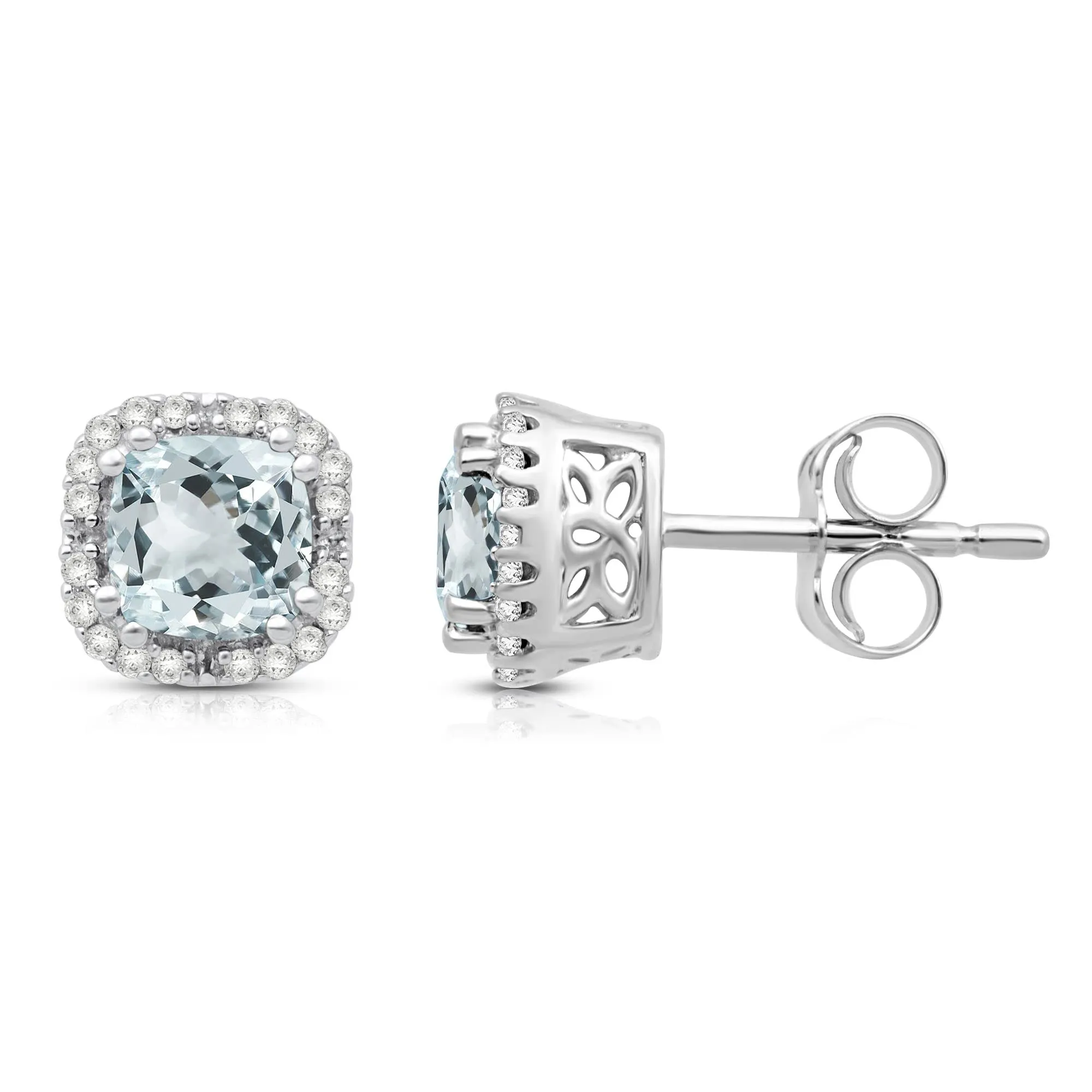 Jewelili 10K White Gold With Aquamarine and 1/10 CTTW Natural White Round Diamonds Stud Earrings