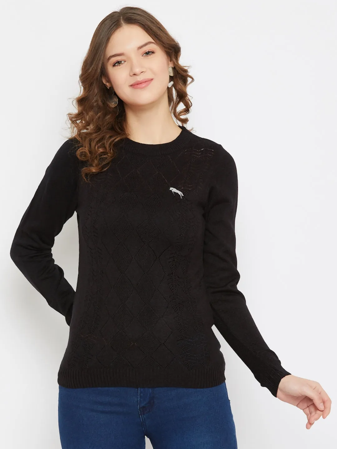 JUMP USA Women Black Self Design Casual Sweater