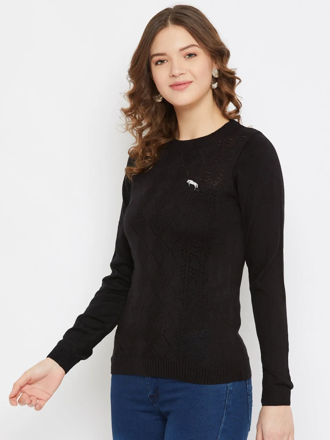 JUMP USA Women Black Self Design Casual Sweater