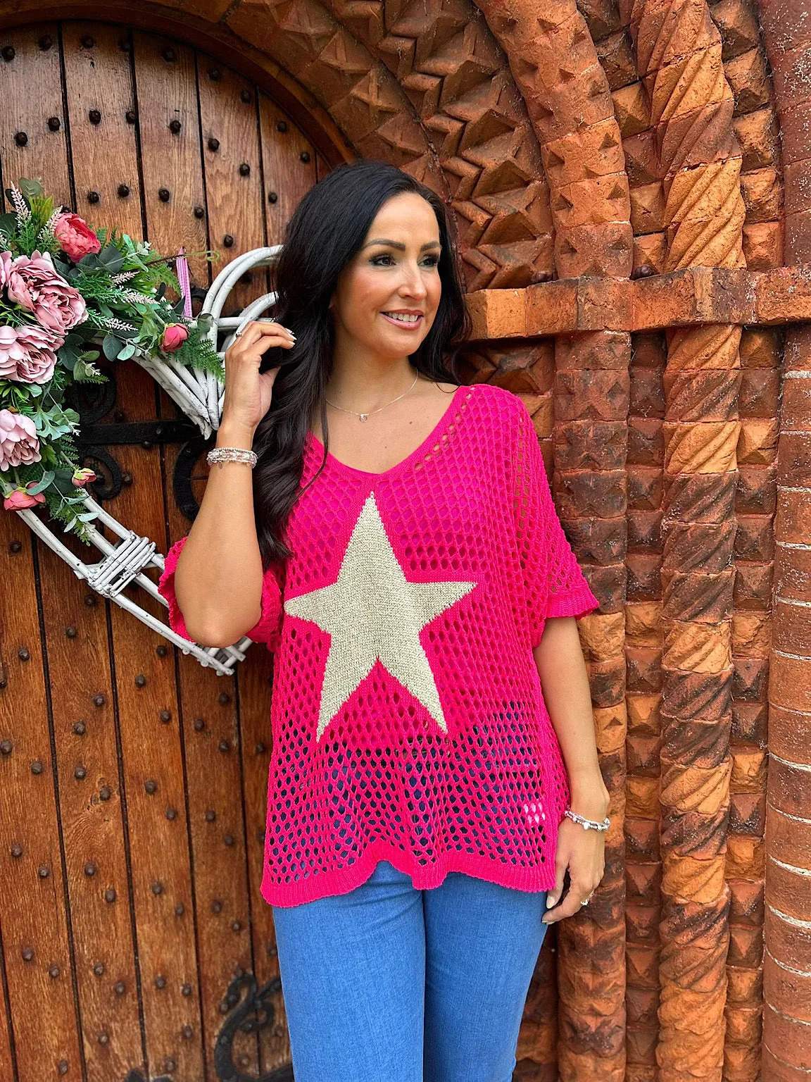 Lipstick Pink V Neck Star Loose Knit  Alex