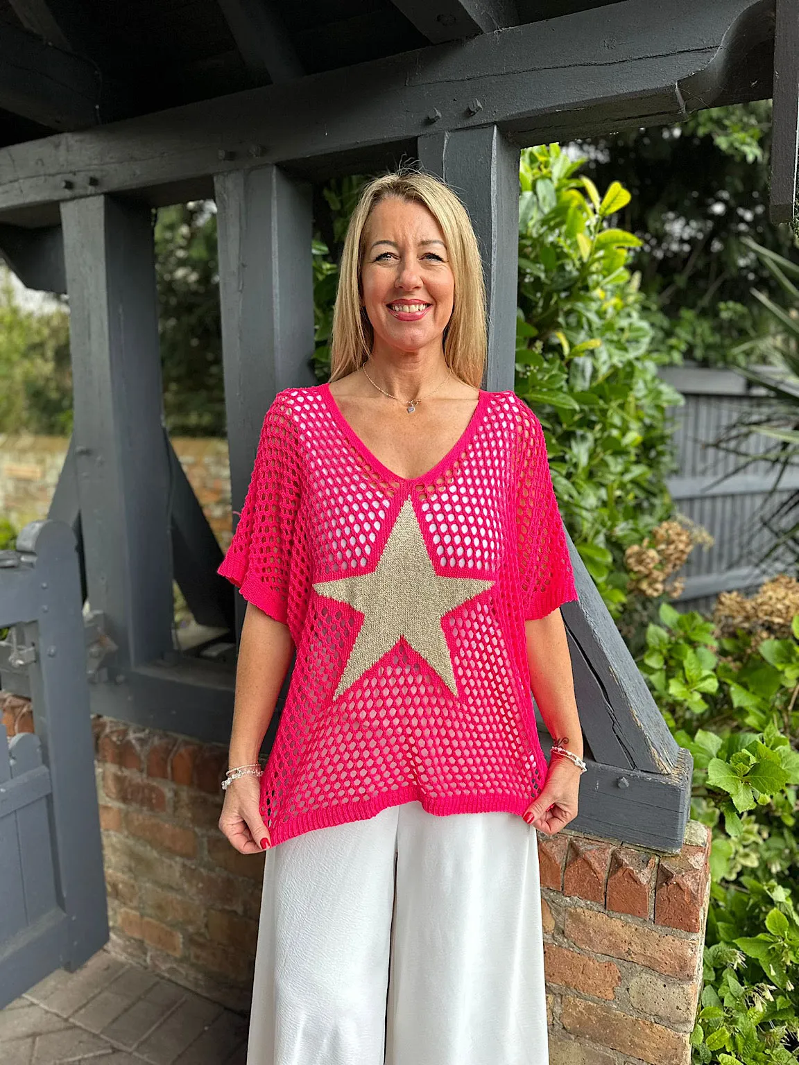 Lipstick Pink V Neck Star Loose Knit  Alex