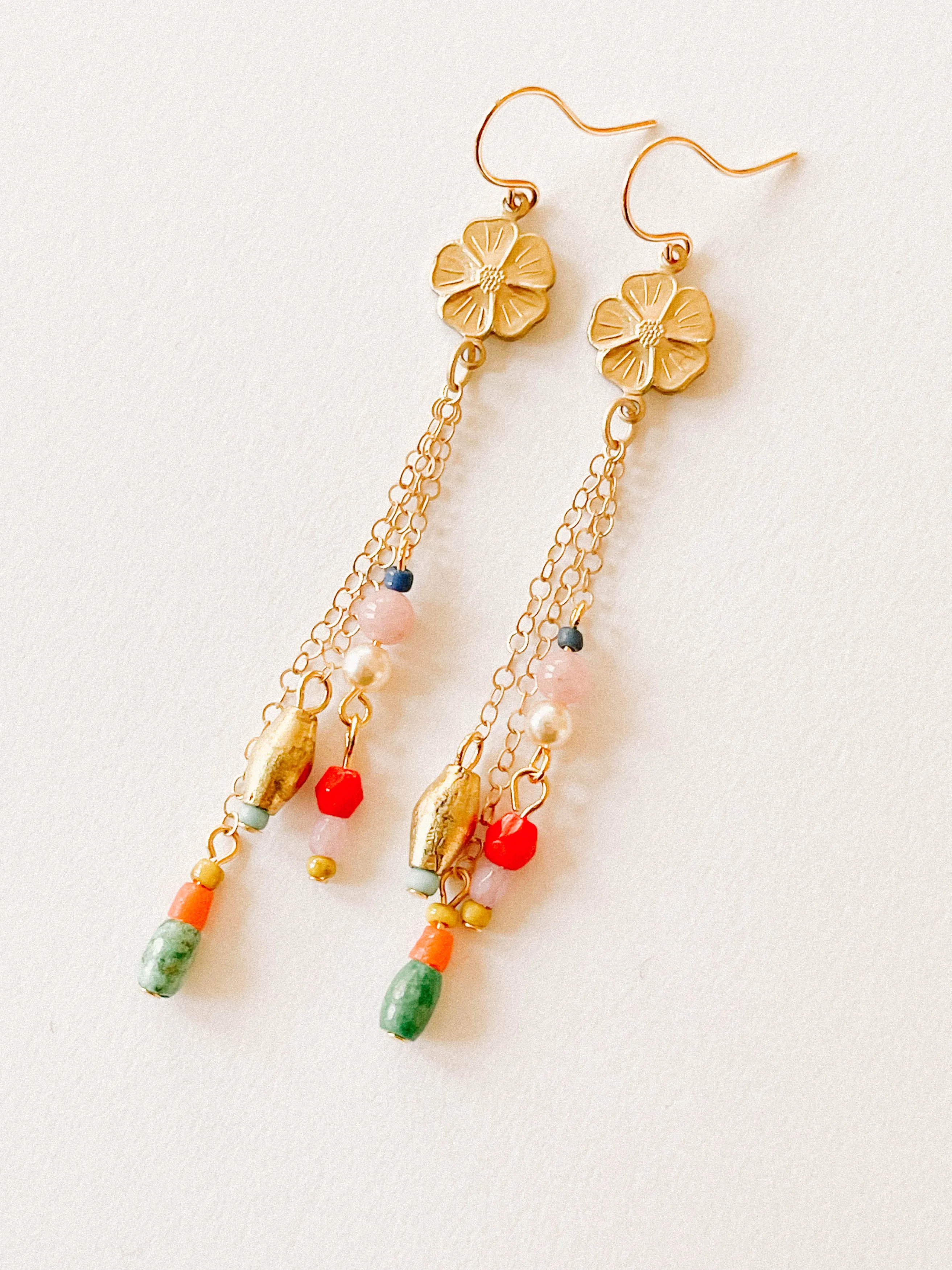 Long Flower Charm Earrings