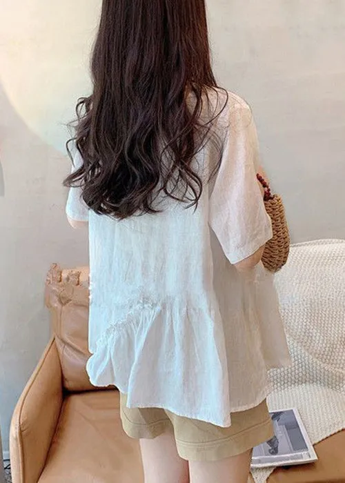 Loose White V Neck Ruffled Cotton T Shirts Summer