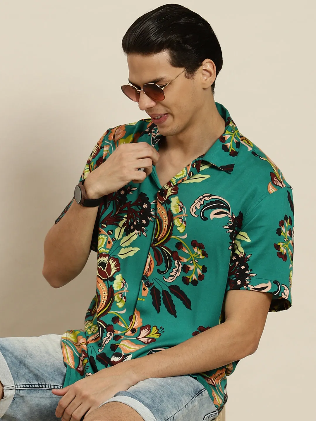 Men Green Printed Viscose Rayon Regular Fit Casual Shirts