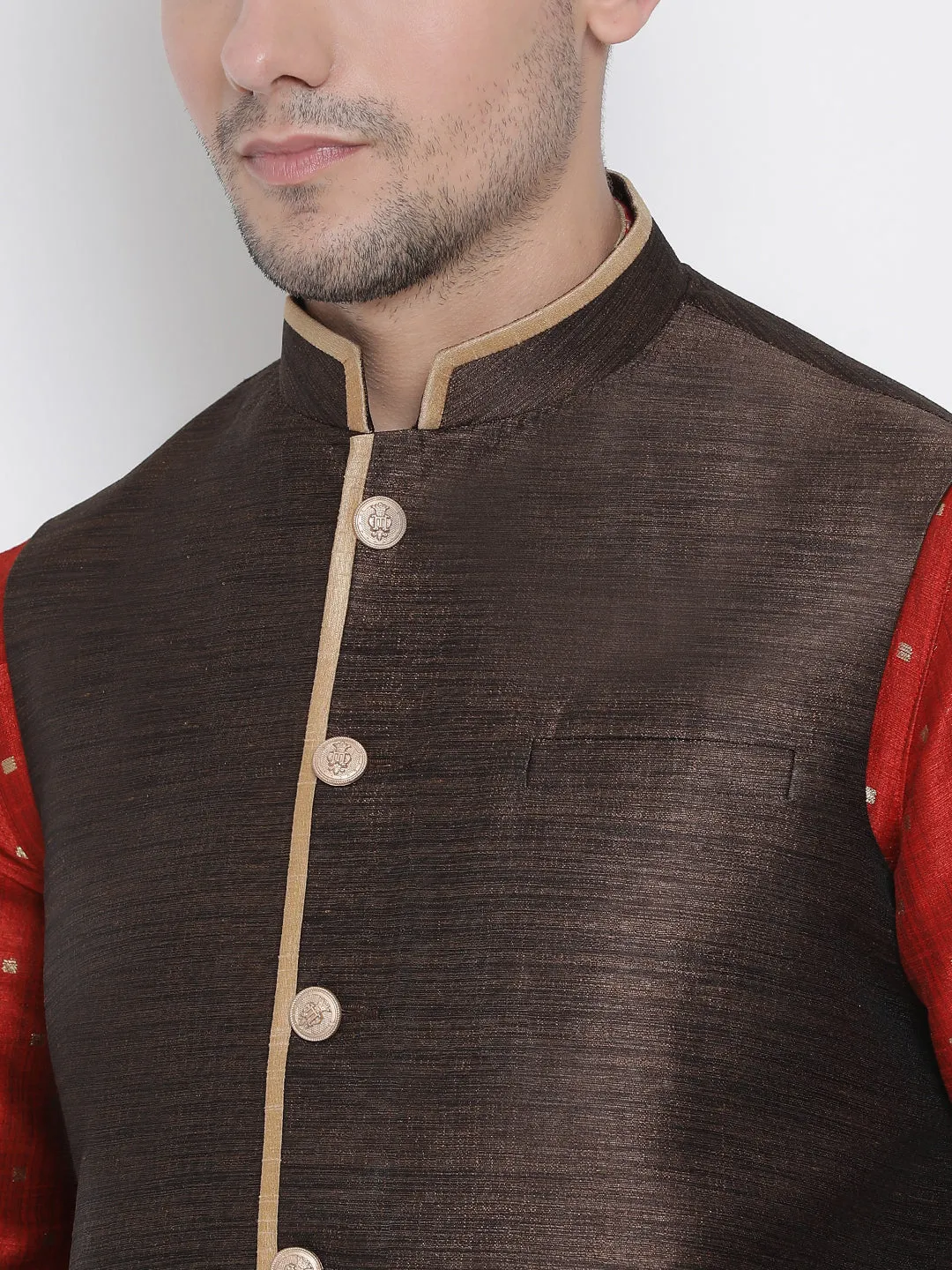 Men's Maroon Cotton Silk Blend Kurta, Ethnic Jacket and Pyjama Set