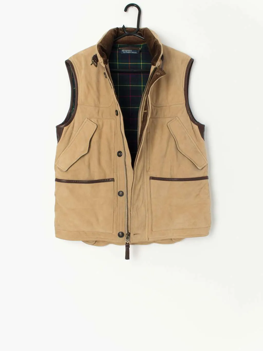 Mens Polo by Ralph Lauren quilted suede gilet with tartan lining – Medium