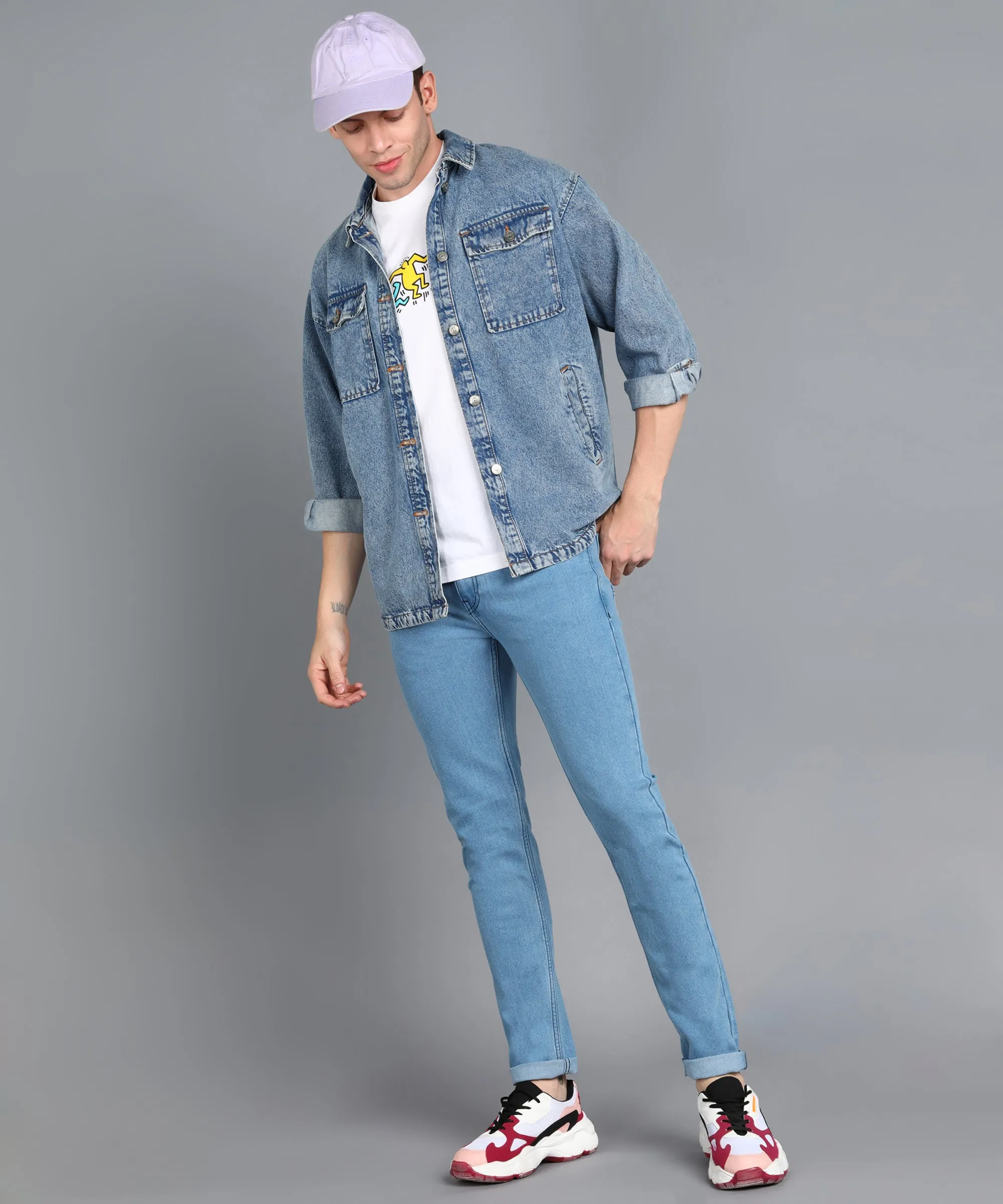 Men's Sky Blue Slim Fit Washed Jeans Stretchable