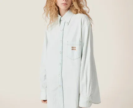 MiuMiu  |Denim Plain Cotton Short Sleeves Logo Shirts & Blouses