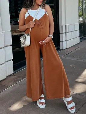 Momnfancy Khaki Spaghetti Strap Wide Leg Palazzo Pants Casual Loose Baby Shower Maternity Jumpsuit