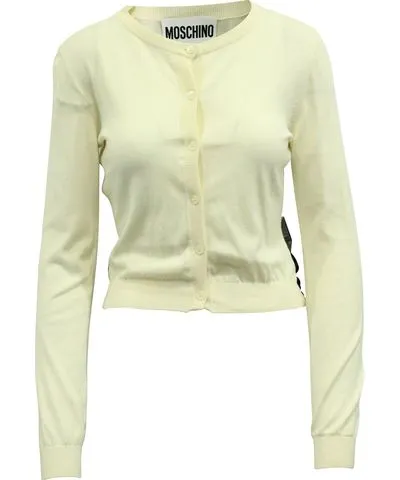 Moschino Bow Embellished Knit Cardigan in Cream and Black Polyamide