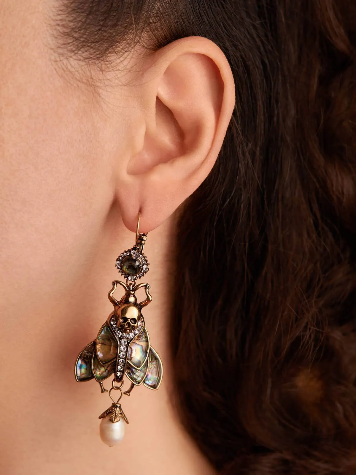 Moth Earrings With Dangling Pearls