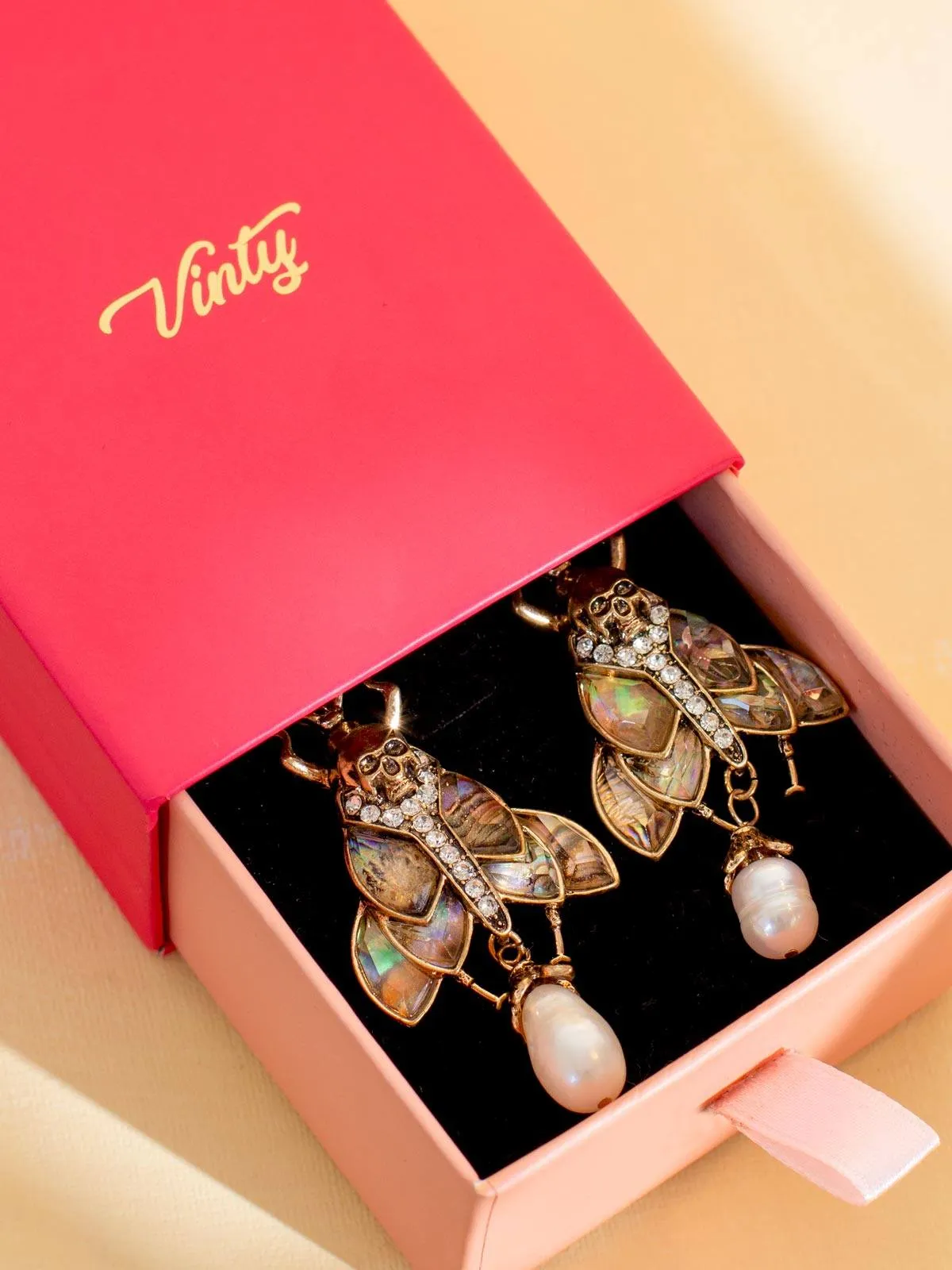 Moth Earrings With Dangling Pearls