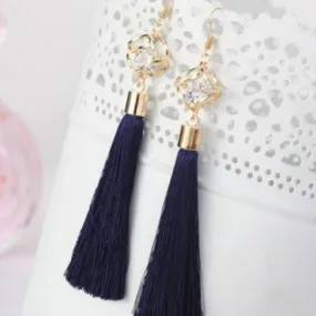 Navy Blue Tassel Earrings with Gold Square and Crystal