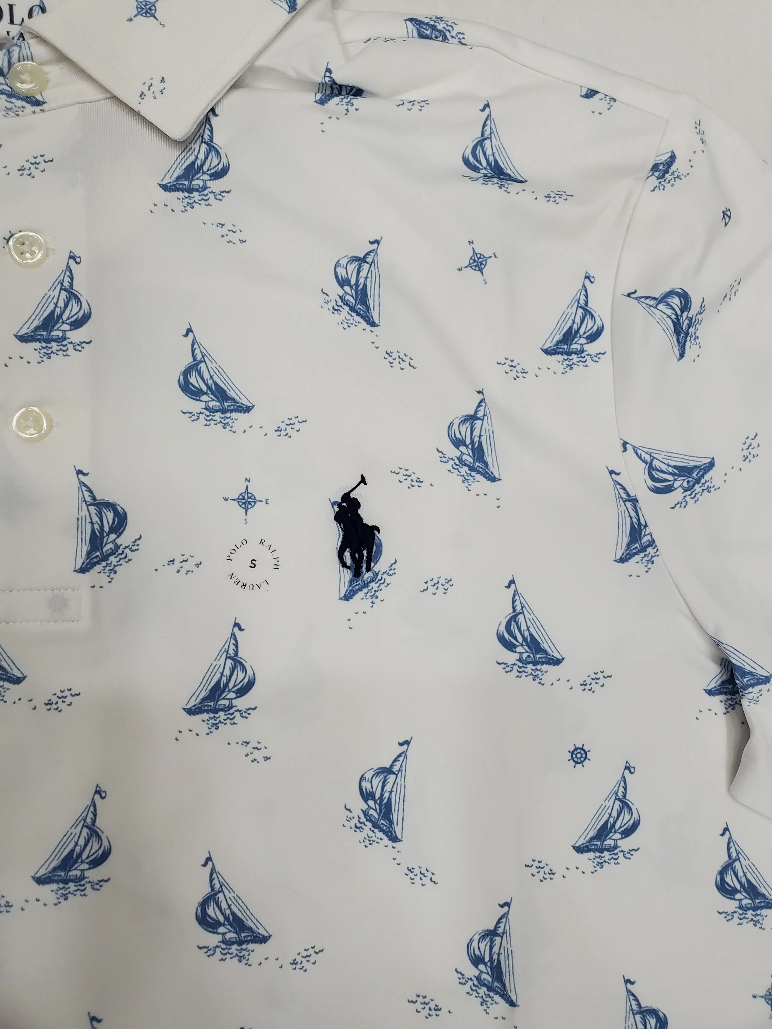 Nwt Polo Ralph Lauren White Allover Sailboat Print Perfprmance Polo