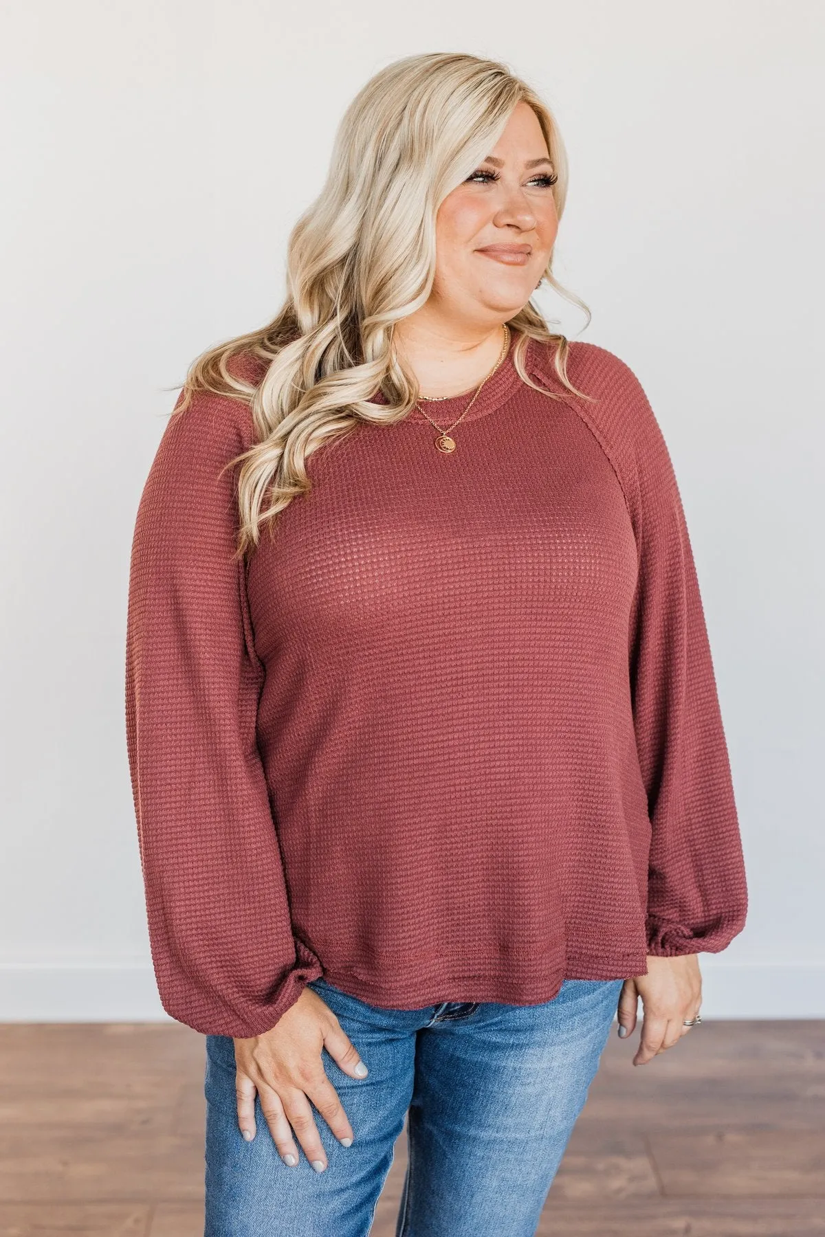 Out Of The Woods Waffle Knit Long Sleeve Top- Burgundy