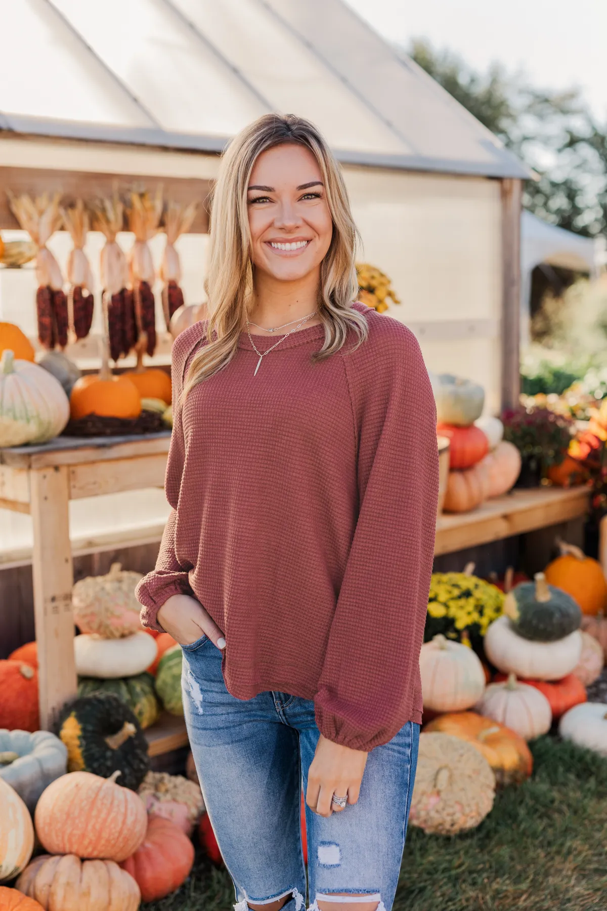 Out Of The Woods Waffle Knit Long Sleeve Top- Burgundy