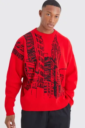 Oversized City Scene Knitted Sweater