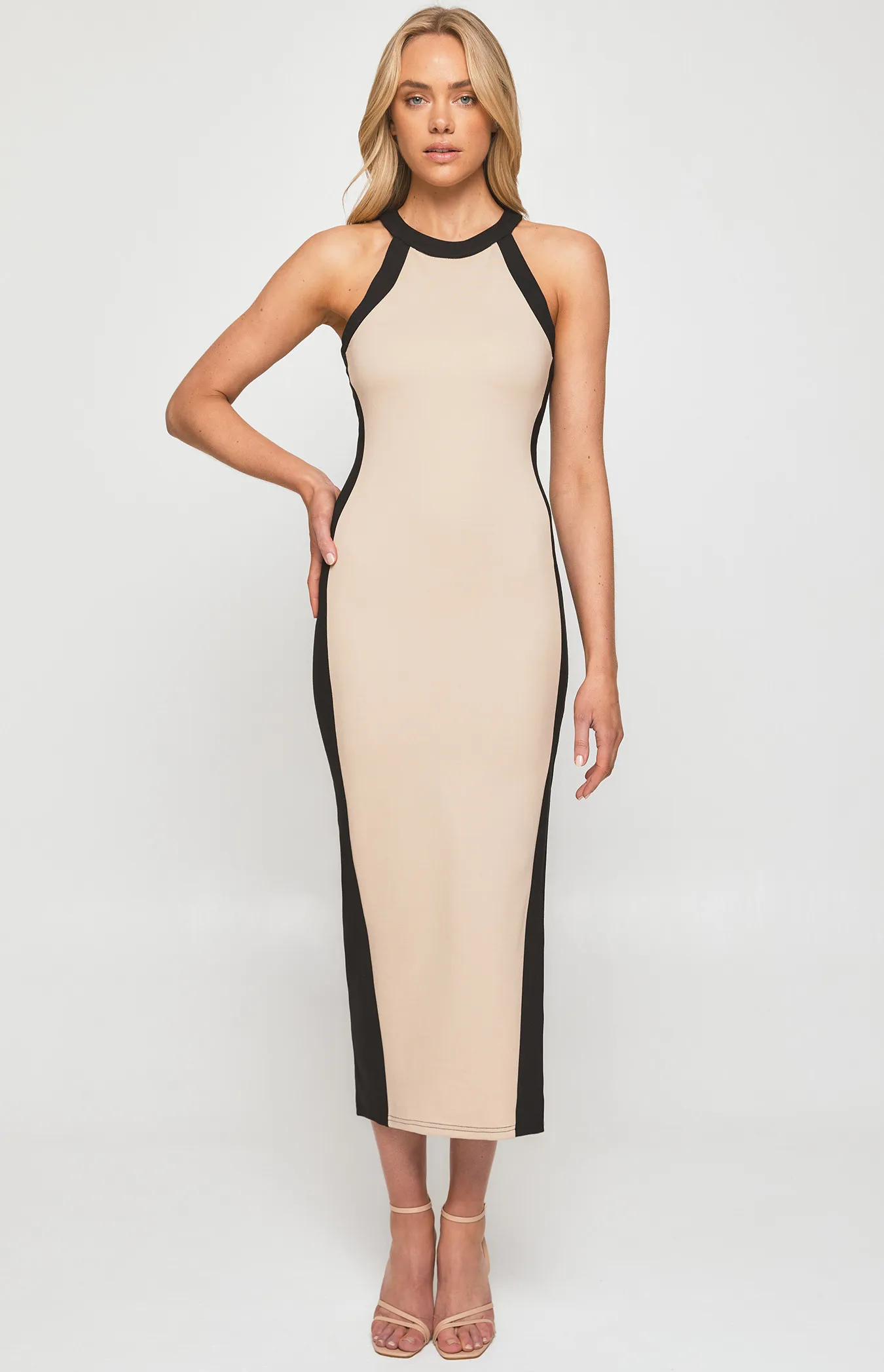 Racer Neckline Contrast Panel Bodycon Dress (SDR1292B)