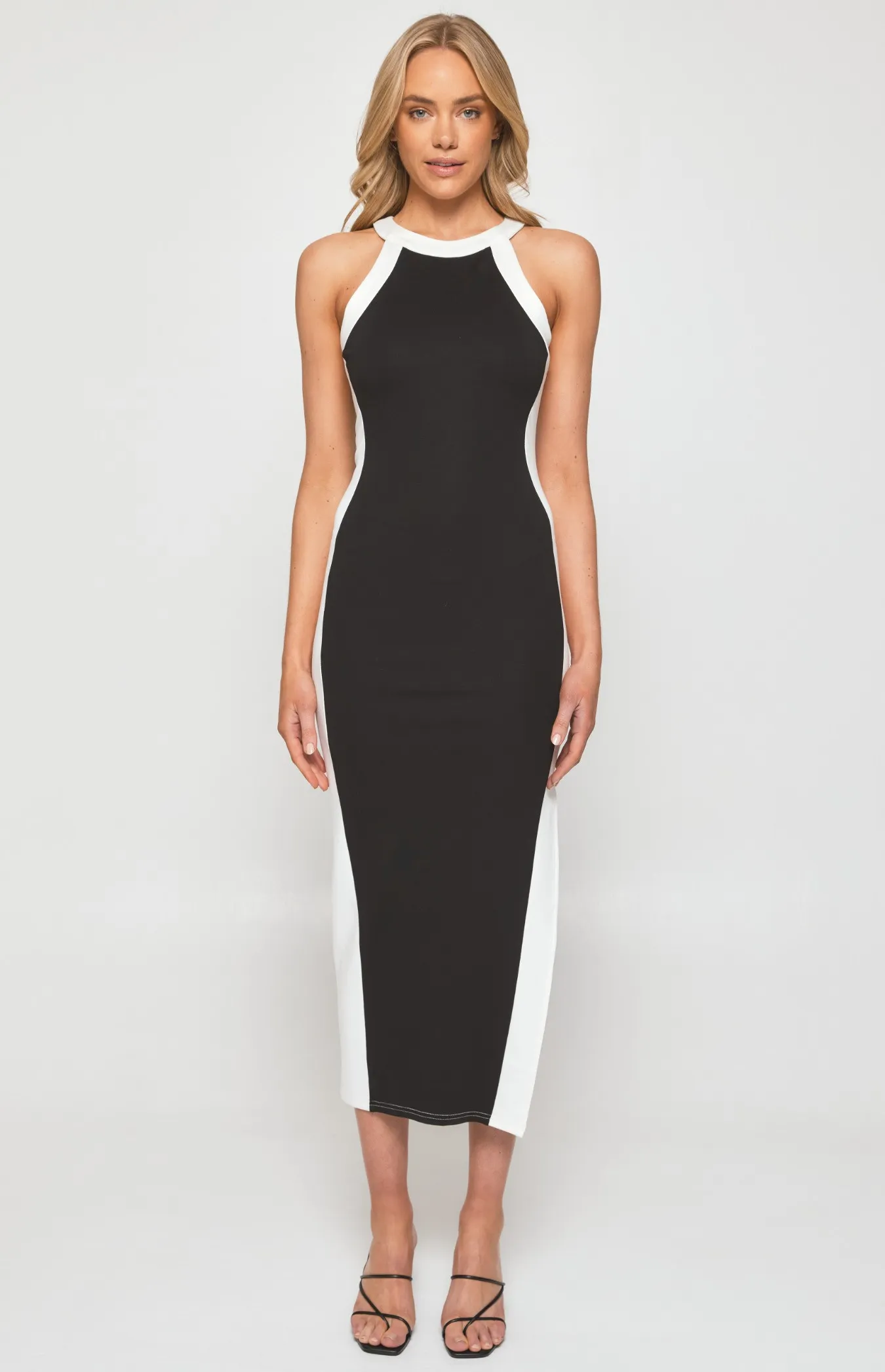 Racer Neckline Contrast Panel Bodycon Dress (SDR1292B)