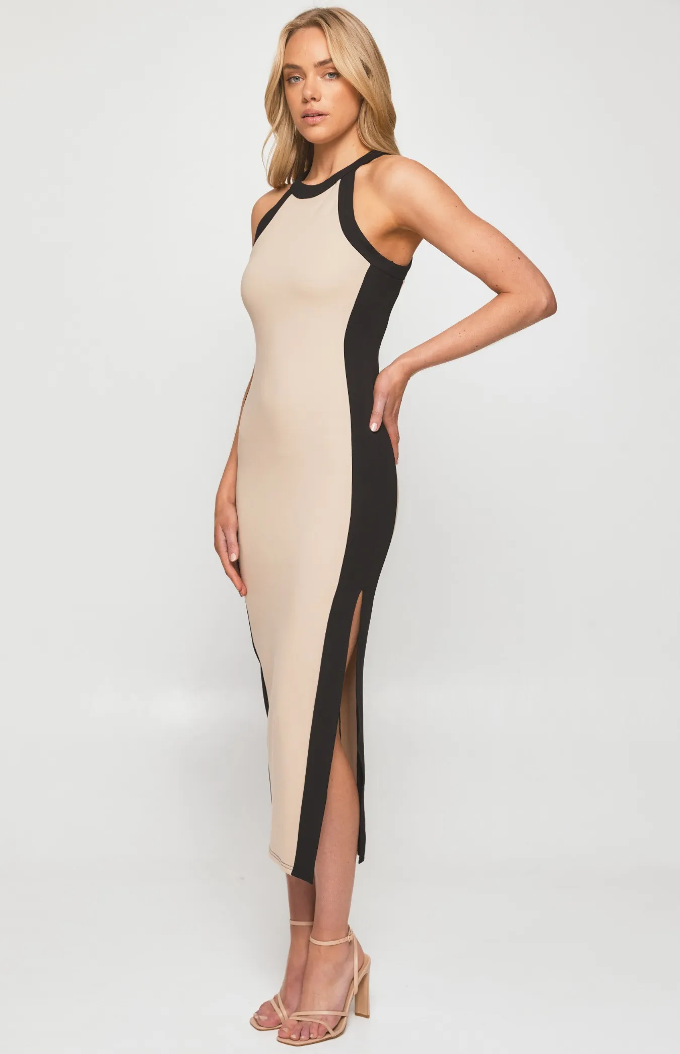 Racer Neckline Contrast Panel Bodycon Dress (SDR1292B)