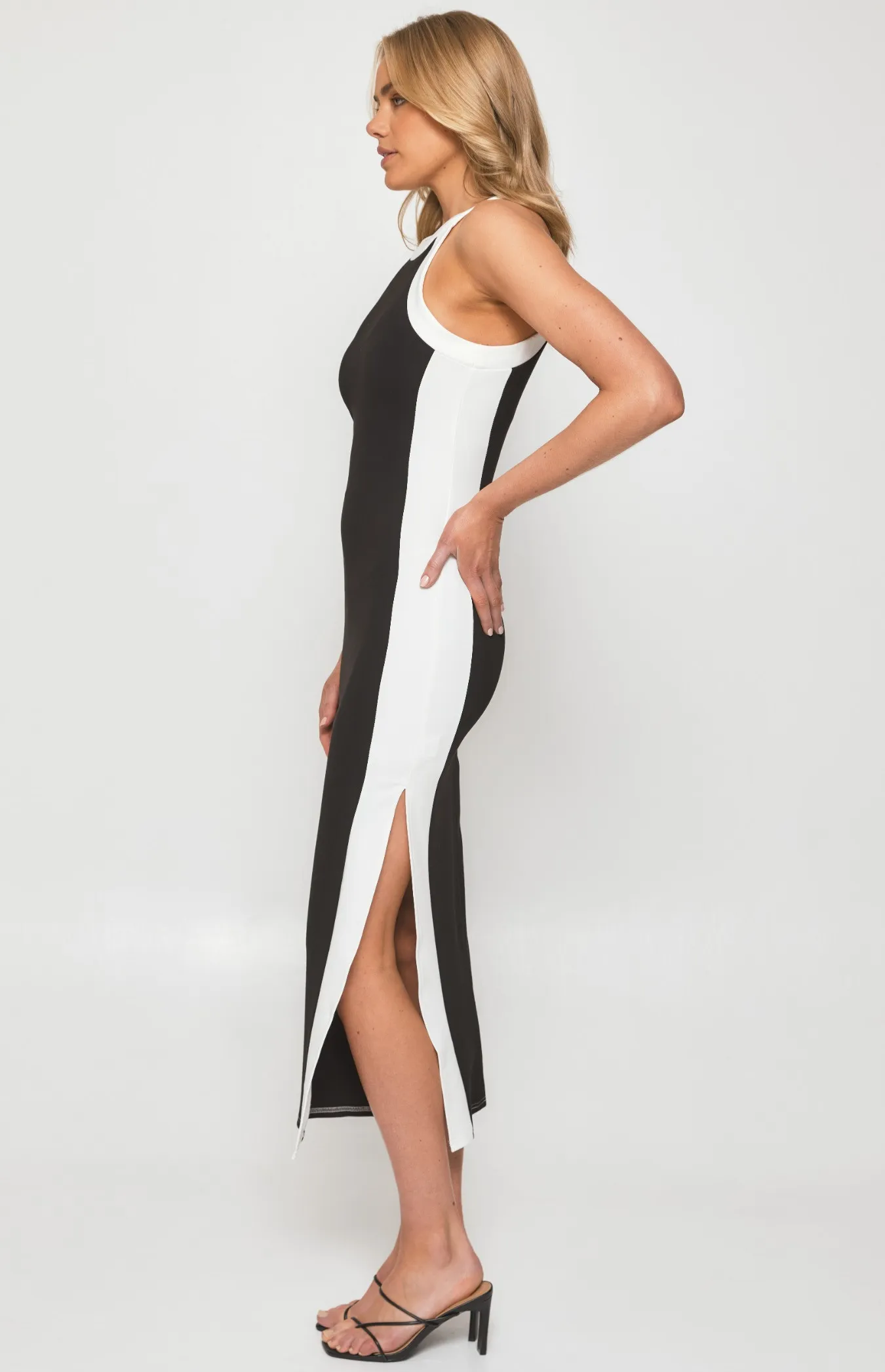 Racer Neckline Contrast Panel Bodycon Dress (SDR1292B)