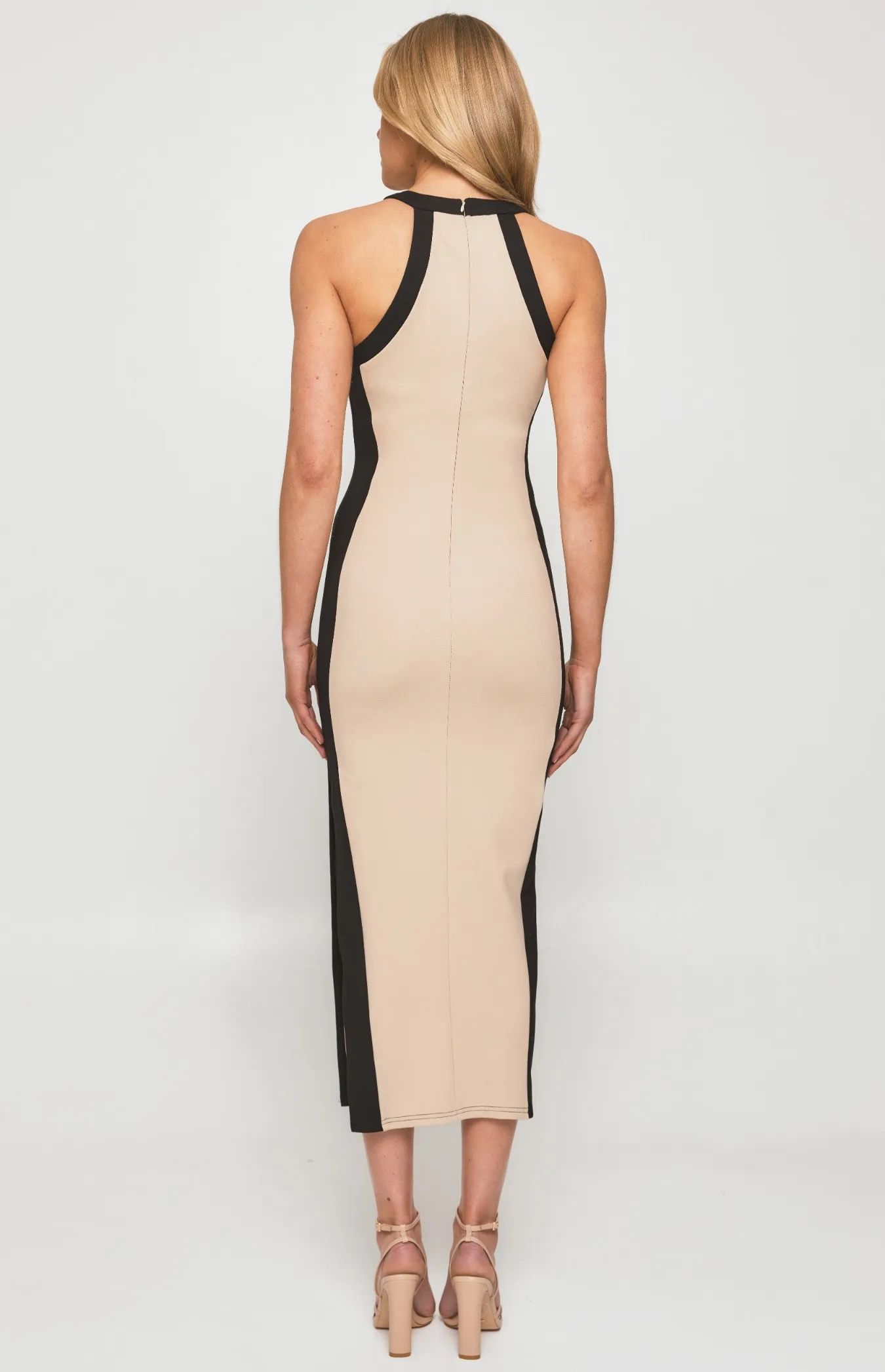 Racer Neckline Contrast Panel Bodycon Dress (SDR1292B)