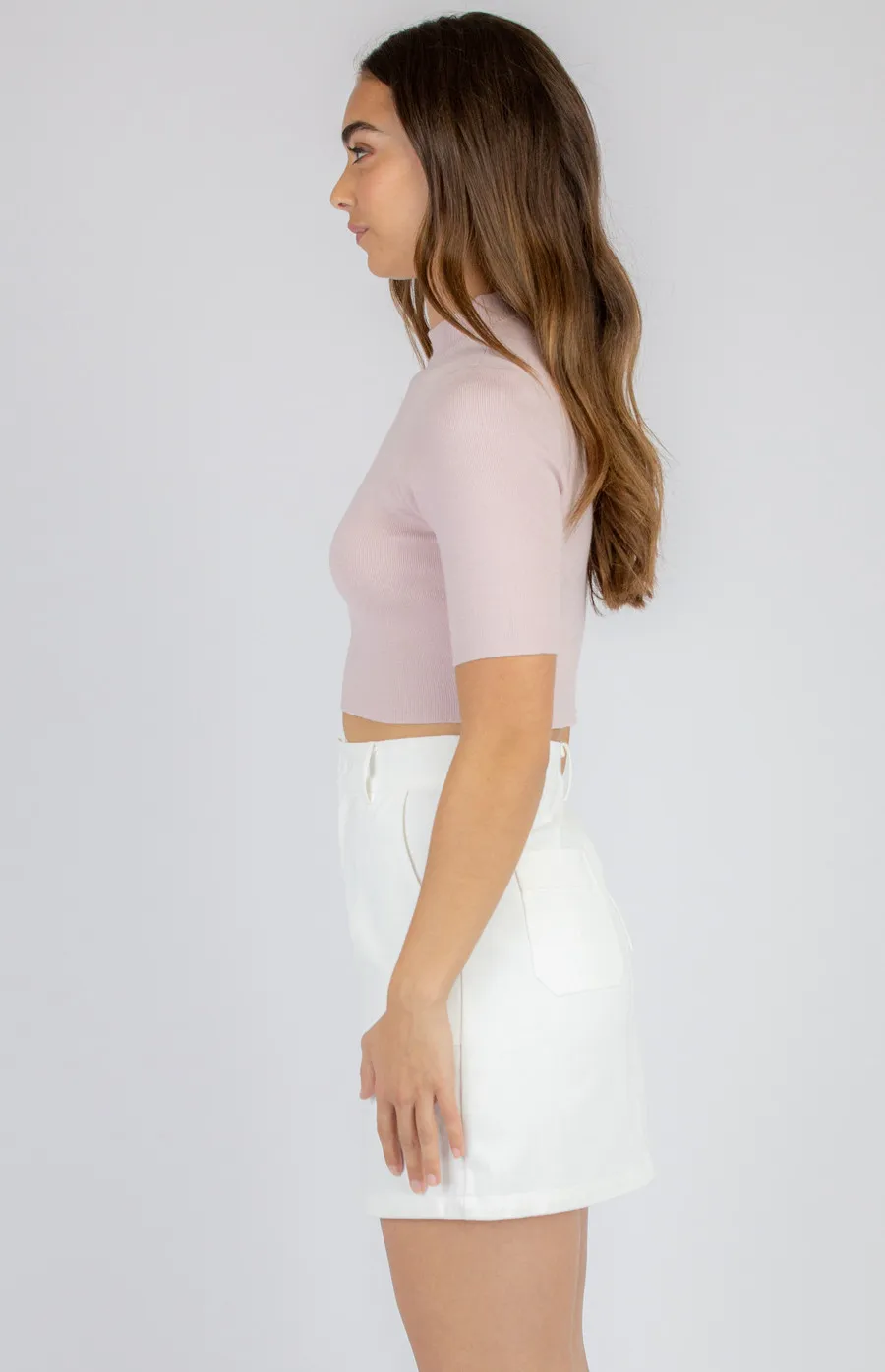 Ribbed Short Sleeve High Neck Knit Crop (SKN418)