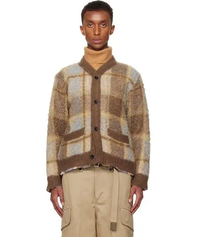 Sacai Brown Plaid Knit Cardigan