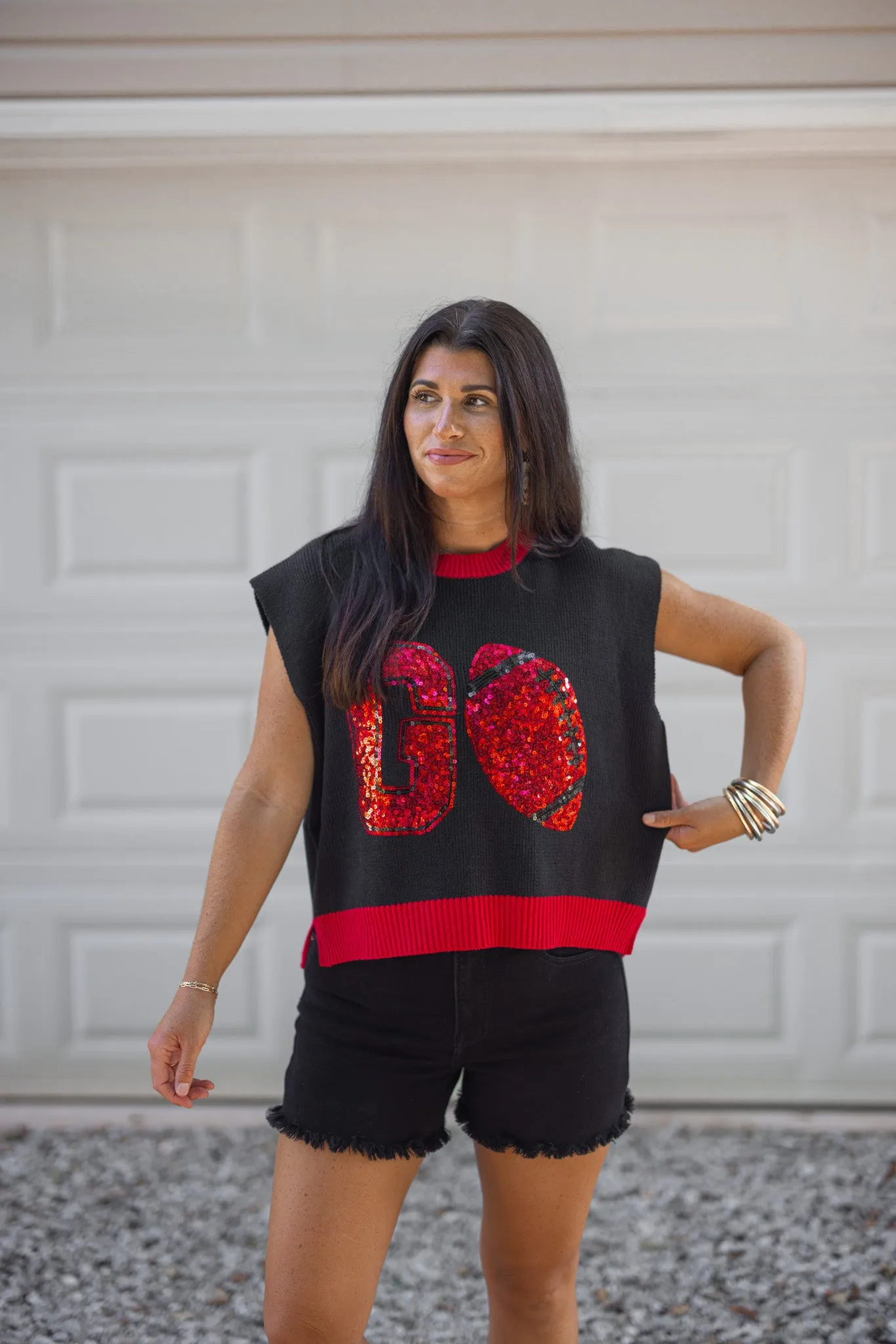 Sequin Football Season Black Sweater