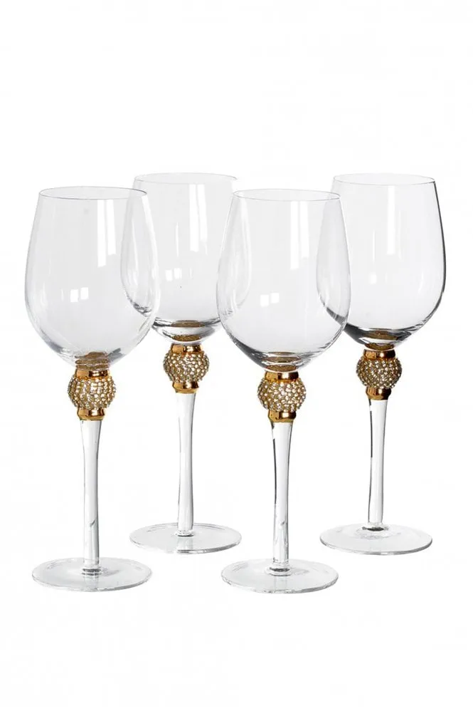 Set of 4 Gold Diamante White Wine Glasses    