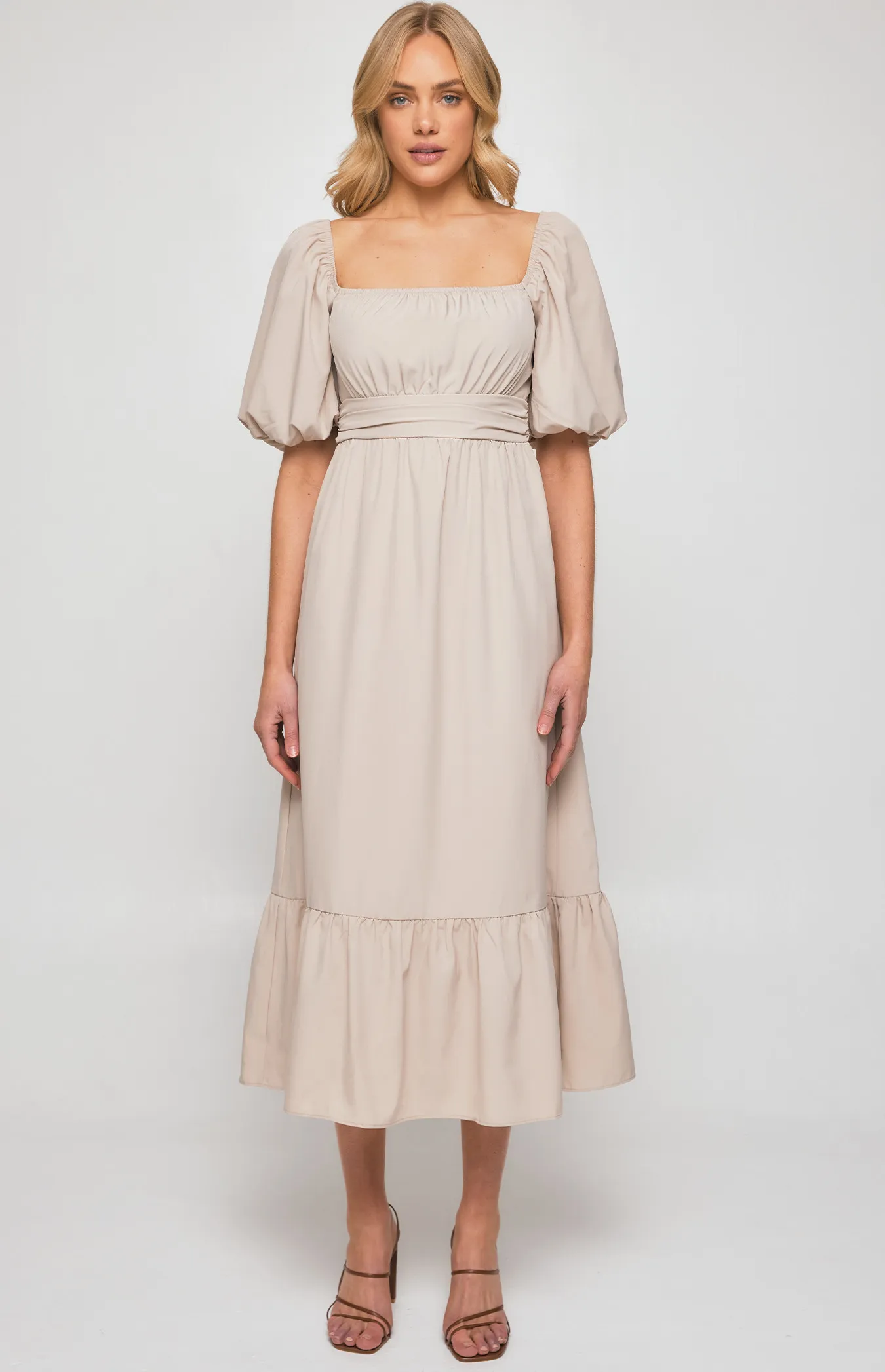 Square Neckline Midi Dress with Pleated Waist Detail (SDR1254B)