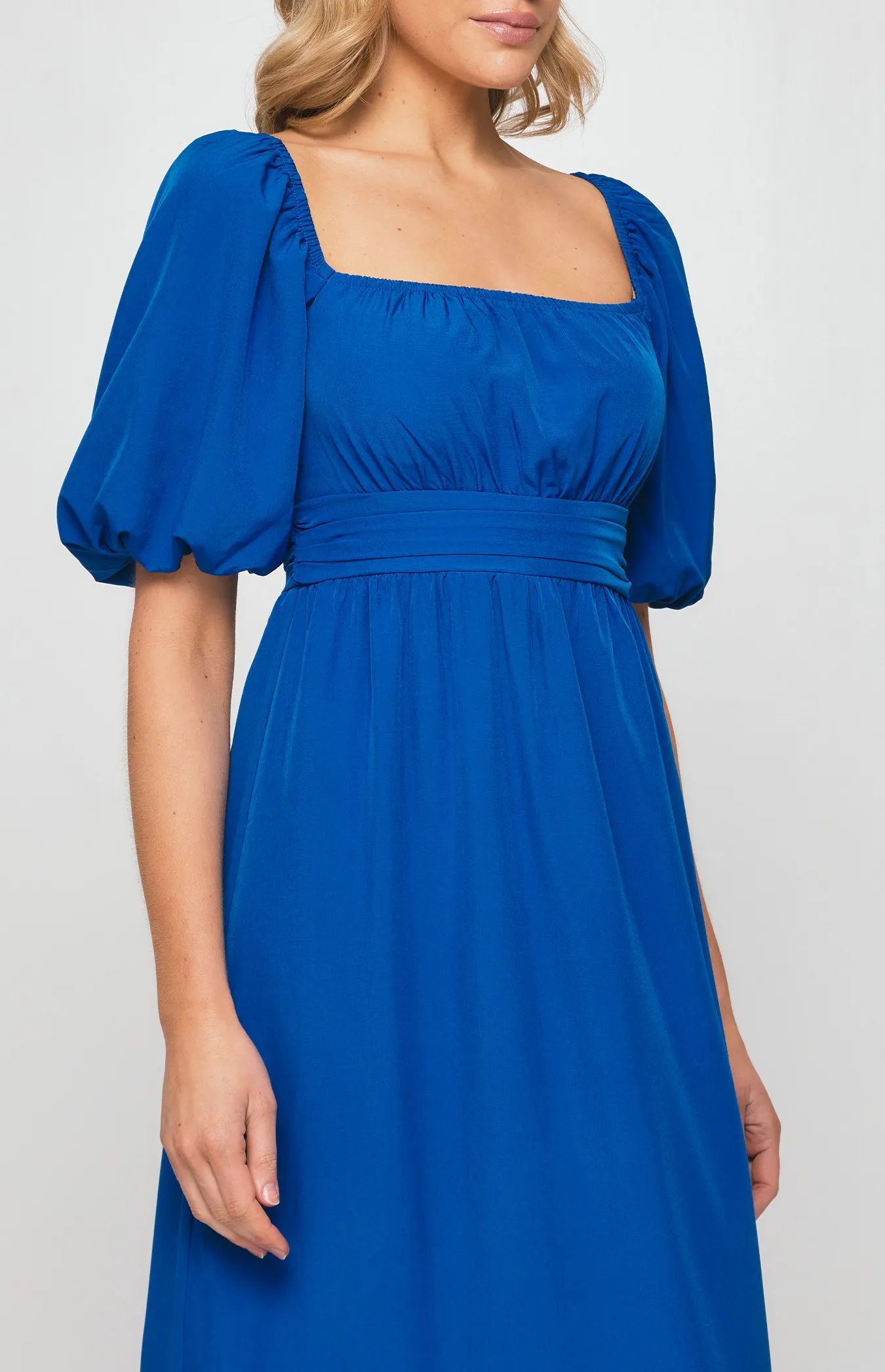 Square Neckline Midi Dress with Pleated Waist Detail (SDR1254B)