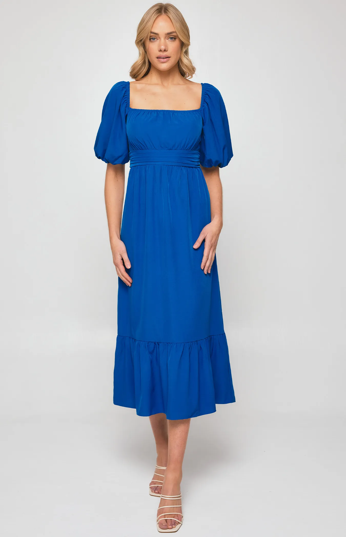 Square Neckline Midi Dress with Pleated Waist Detail (SDR1254B)