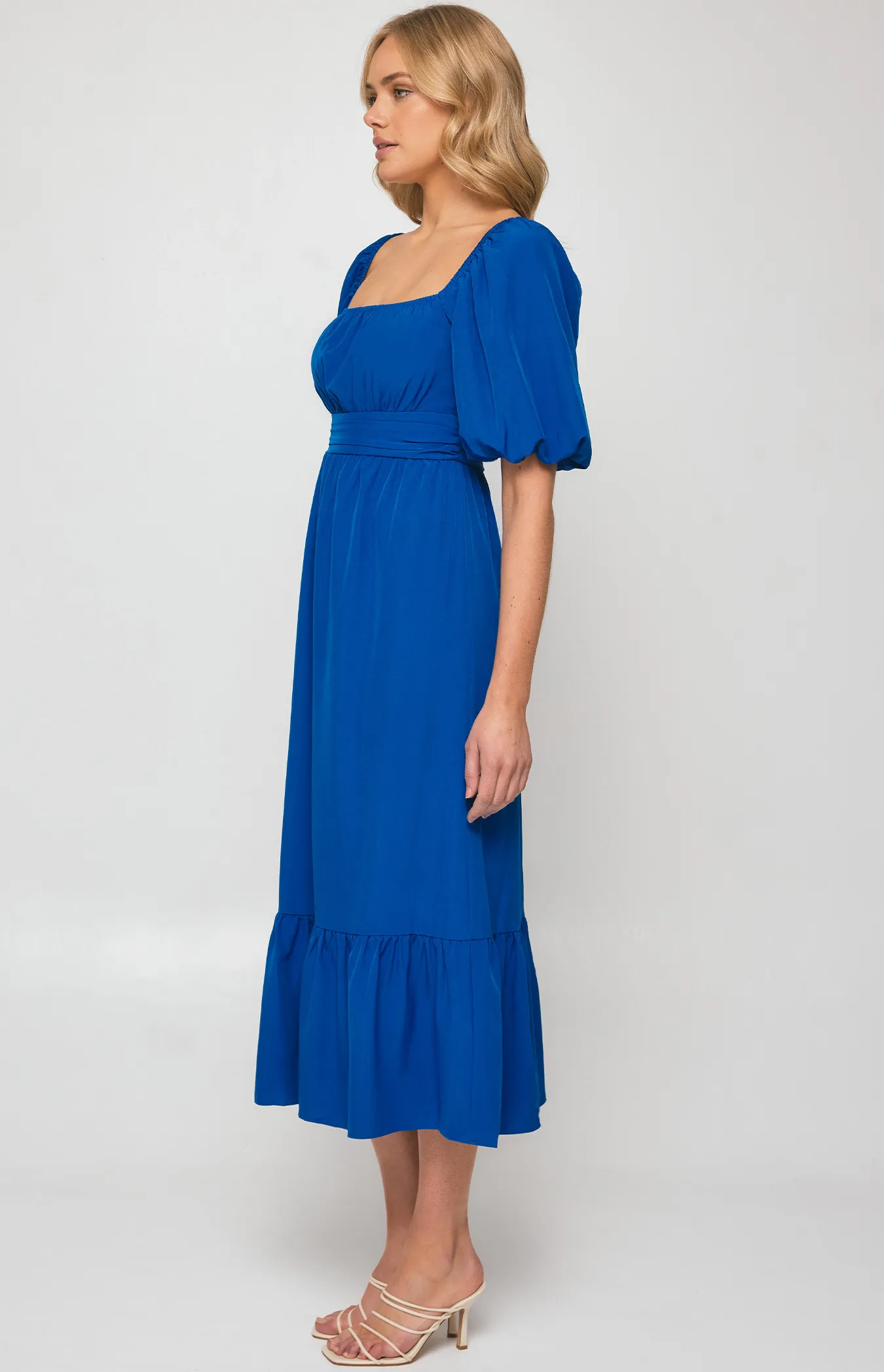 Square Neckline Midi Dress with Pleated Waist Detail (SDR1254B)